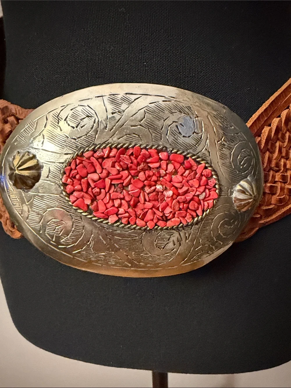 Chico’s Genuine Leather Woven Belt M/L Moroccan Silver Red Stone Buckle